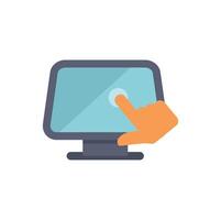 Hand pointing at computer screen displaying blank blue background vector