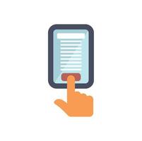 Person pressing button on smartphone screen with index finger vector