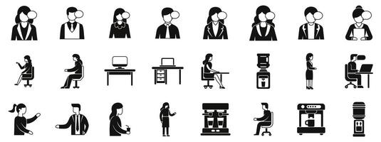 Coworkers communicating office icons set. Office workers having a break icon set, simple style vector