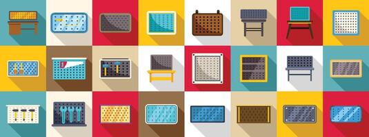 Garage tools board icons set. Pegboard wall organizer panel with tools in workshop icons set vector