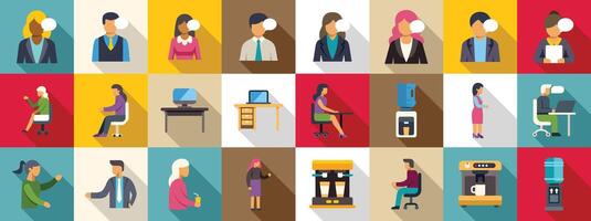 Coworkers communicating office icons set. Office workers having break taking part in corporate party communicating set of square icons vector