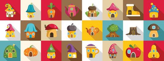 Gnome house icons set. Collection of fairy tale tiny houses with mushroom, boot, and fruit shapes vector