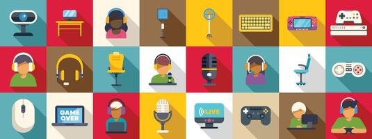 Streamer character icons set. Gamer or streamer desk setup with equipment for live streaming and gaming vector