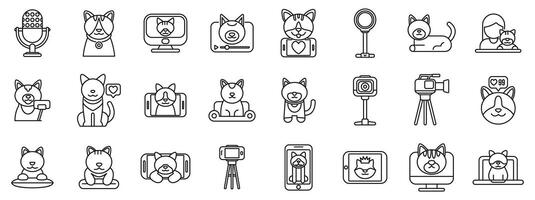 Blogger cat icons set. Cats bloggers and videomakers taking photos and recording content online line icon set vector
