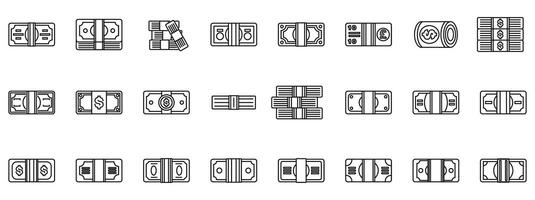 Money bundle icons set. Set of money related vector line icons showing different bills and stacks