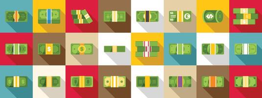 Money bundle icons set. Big set of bundles of cash lying down in flat style with long shadows vector