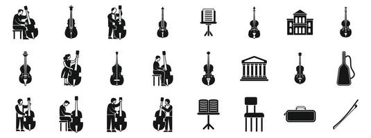 Contrabass icons set. Musicians playing and learning contrabass instruments icons set vector