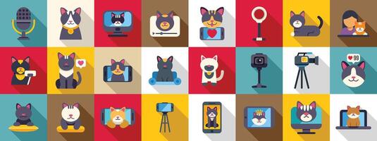 Blogger cat icons set. Cats making videos, streaming and taking pictures icon set vector