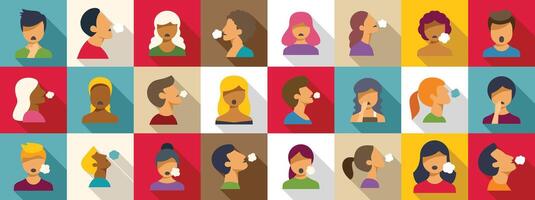 Deep breath icons set. People smoking cigarettes, set of square avatars vector