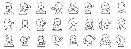 Deep breath icons set. Set of simple line icons featuring people coughing vector