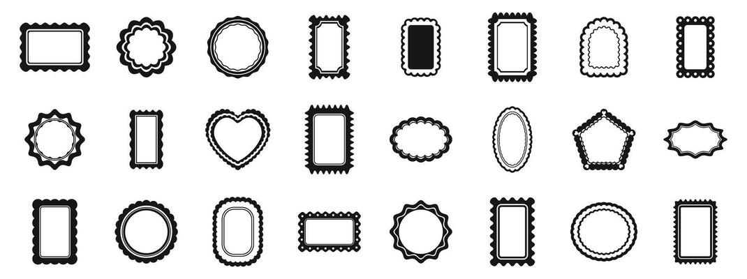 Scallop frame icons set. Big set of different empty vintage labels with postage stamps design