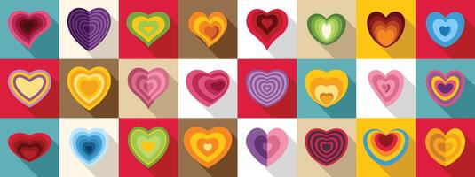 Heart tunnel icons set. Collection of colorful hearts representing love and affection with long shadow vector