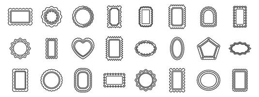Scallop frame icons set. Big set of vintage blank postage stamps of different shapes is being presented vector