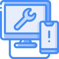 A computer with a wrench and a phone next to it vector
