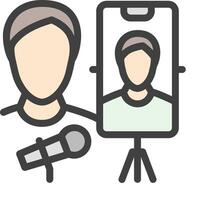 A person holding a microphone and a phone with a person on the screen vector