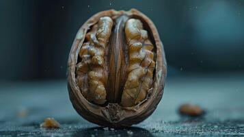A macro shot of an open walnut on a dark background, highlighting the intricate texture and natural detail of the nut, creating a rich, organic, and nutritious aesthetic. photo