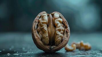 A macro shot of an open walnut on a dark background, highlighting the intricate texture and natural detail of the nut photo