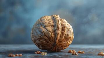 A walnut on a dark background, showcasing its rich texture and earthy tones, perfect for highlighting healthy food choices and culinary ingredients. photo