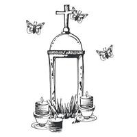 Cemetery, tombstone with a cross and burning candles below, moths flying around the cross. Halloween. All objects are hand-drawn with ink and transferred to . For cards, Halloween invitations vector