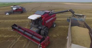 Aerial view of reloading wheat from a combine harvester to a truck video