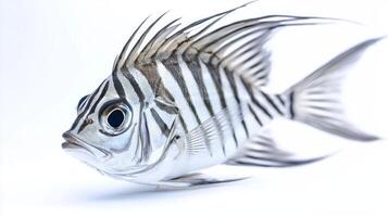 striking Roosterfish Nematistius pectoralis presents its distinctive sharp features and bold vertical stripes while isolated on a white background emphasizing its unique beauty. photo