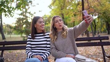 Two friends capturing joyful moments together in a beautiful autumn park video