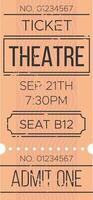 Orange vintage theatre ticket for a show on september 21th at 7,30 pm, seat b12, with a distressed texture and decorative elements vector