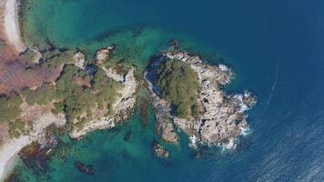 Rocky island washed by waves covered with coniferous trees in a sea bay video