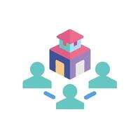 a group of people are gathered around a building with a house on top vector