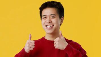 A cheerful young Asian man in a red sweater gives a thumbs up, expressing positivity. The bright yellow background enhances his joyful demeanor, creating an uplifting atmosphere. video