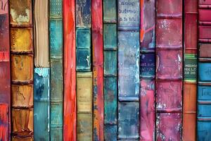 Old hardback books standing upright forming colorful background photo