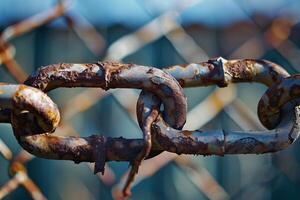 Old rusty chain link fence corroding in the sunlight photo