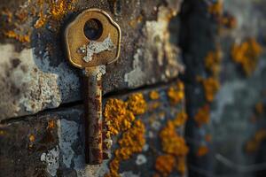 Old rusty key resting on a textured stone surface photo