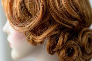 Mannequin head with long red hair showing curls and texture photo