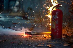 Fire extinguisher burning in flames with sparks flying photo