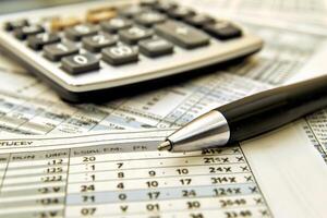 Accountant reviewing financial report with calculator and pen photo
