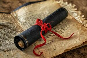 Black scroll tied with red ribbon lying on ancient book with feather pen photo