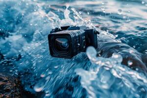 Professional camera getting wet from ocean wave photo