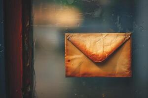 Old envelope stuck on a dusty window is showing its age photo