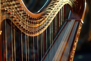 Closeup of harp strings showing tuning pins and neck photo