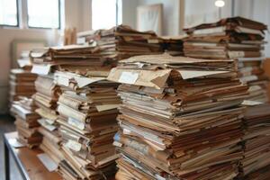 Stack of old faded paper documents is piling up in office photo