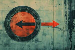 Black arrow pointing left inside red circle, red arrow pointing right on grunge wall photo