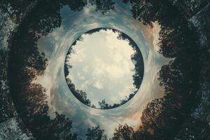 Round frame of trees framing a cloudy blue sky photo