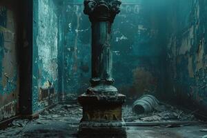 Ancient column standing strong in crumbling abandoned building photo
