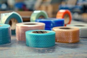 Different colored duct tapes lying on table in workshop photo