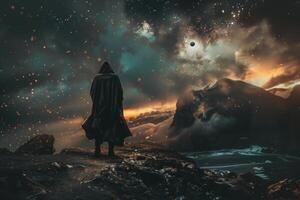 Astronomer standing on mountain top observing solar eclipse in night sky photo