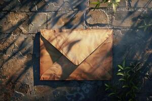 Old paper envelope casting shadow on stone surface photo