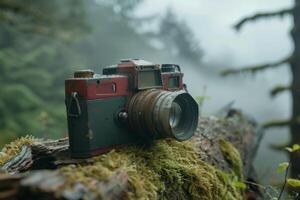 Old camera resting on mossy log in misty forest photo