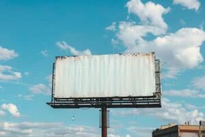 Old large blank billboard with torn white canvas displaying against blue sky background photo