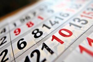 Close up view of numbers on calendar page showing tenth day of month photo